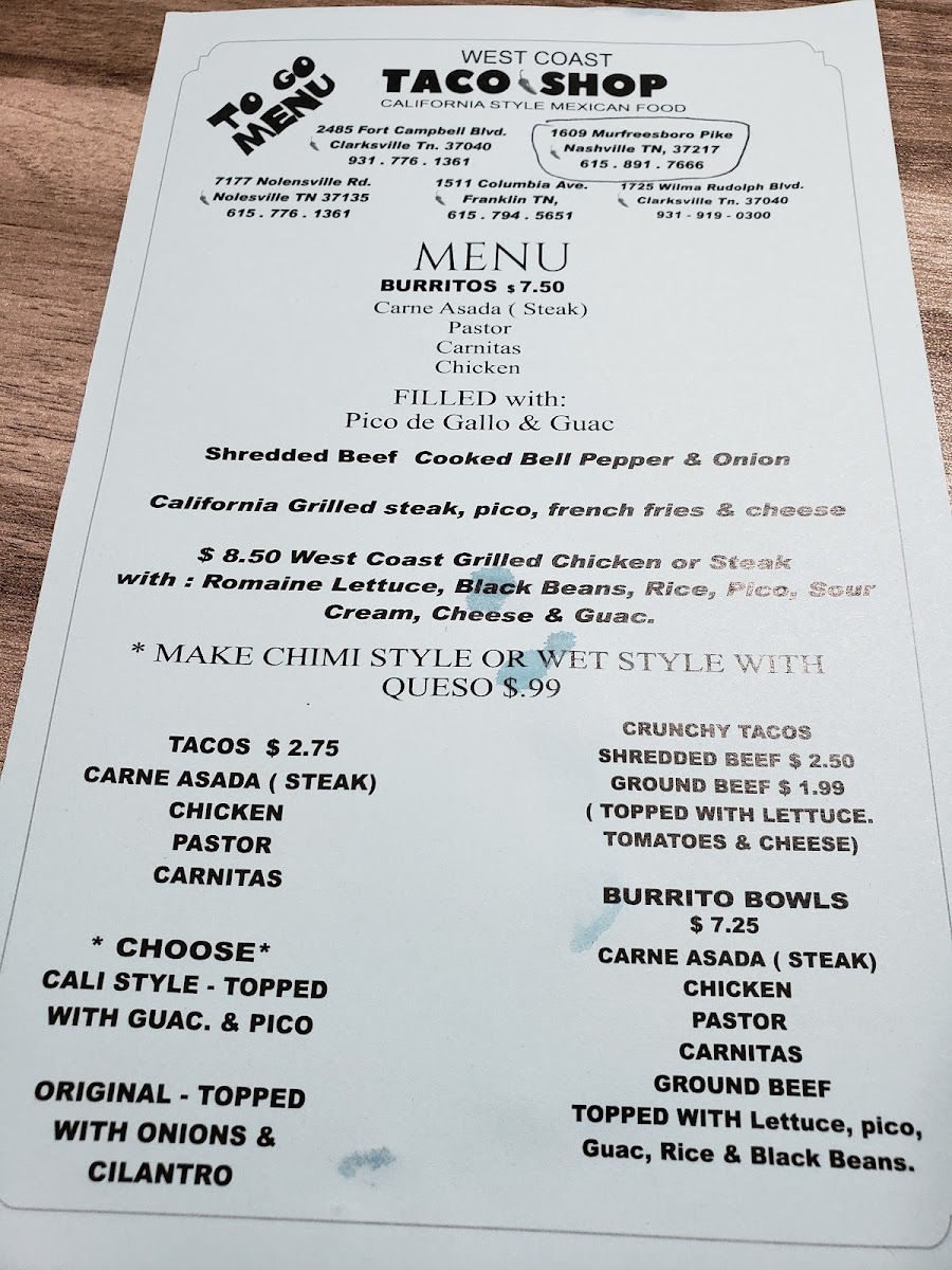 West Coast Taco Shop - BNA Menu - Image 2